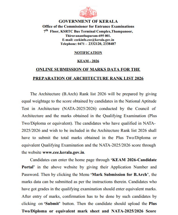 KEAM 2026 BArch Plus Two Marks Submission Portal Now Open