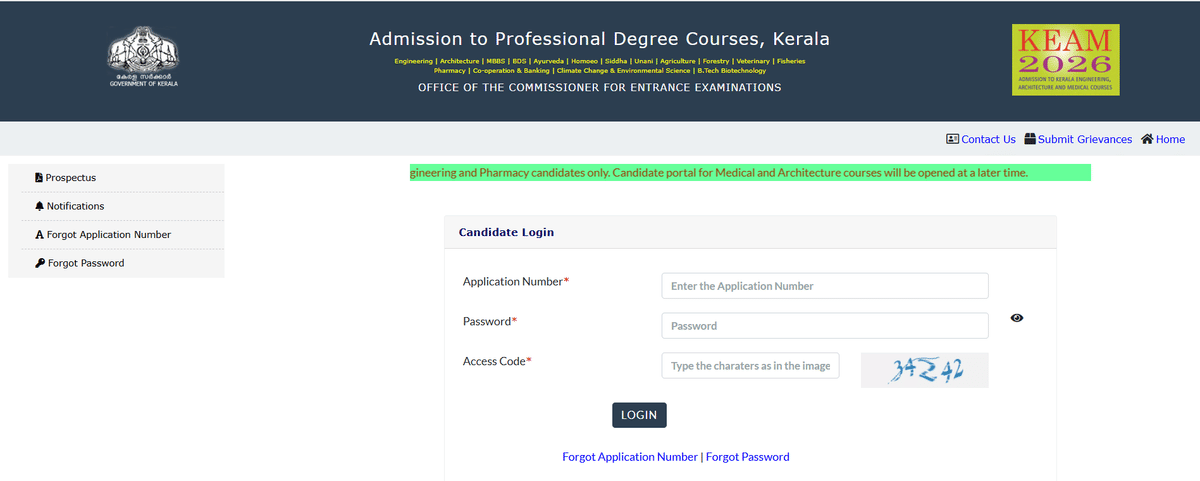 KEAM 2026 Login window