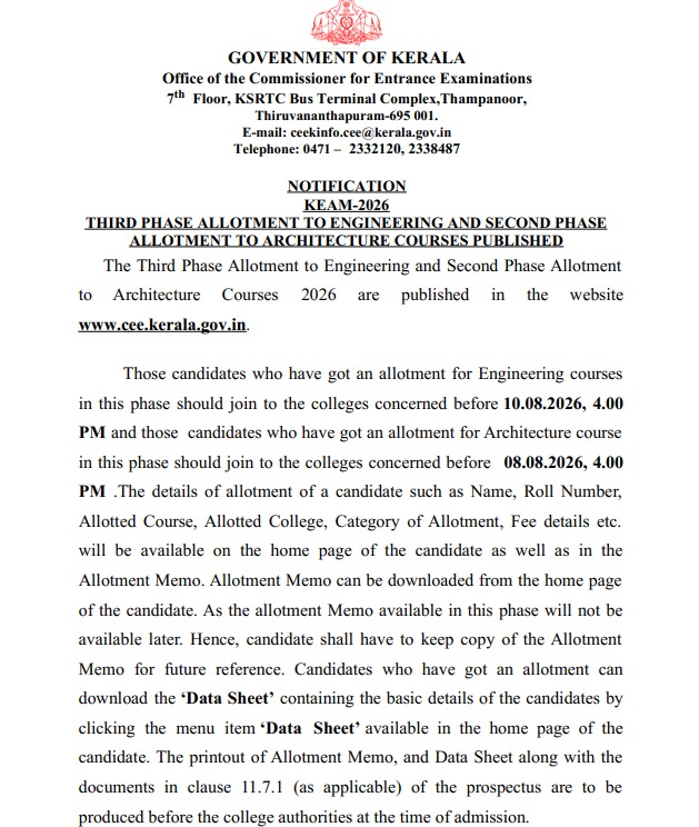 KEAM 2026 BArch Phase 2 Final Allotment Result Out Join by August 8