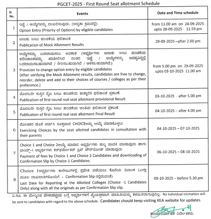 KEA PGCET 2025 First Round Counselling Important Dates