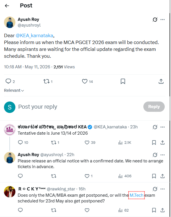 Karnataka PGCET 2026 MBA/MCA Exam Likely Postponed to June 13-14; States KEA