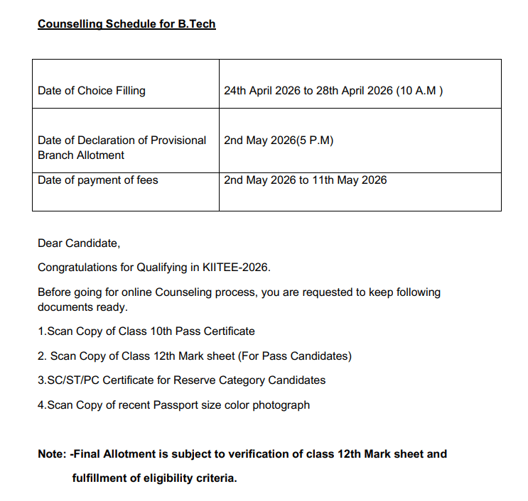 KIIT Counselling Schedule for BTech