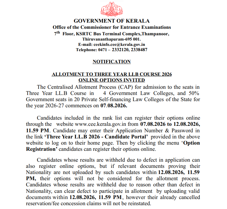 KLEE 2026 3-Year LLB Option Registration Key Details