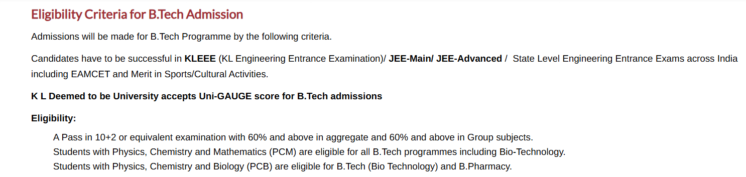KL University Guntur B.Tech Eligibility