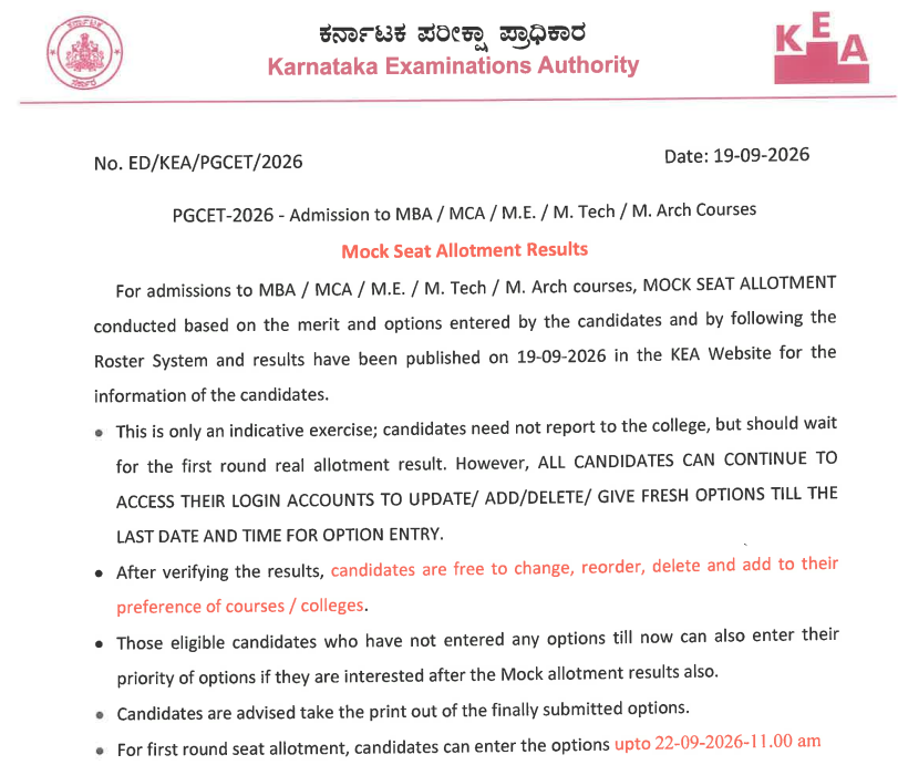 Karnataka PGCET 2026 Mock Allotment Key Dates