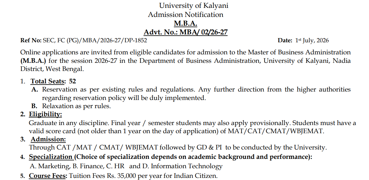 University of Kalyani MBA 2026-27