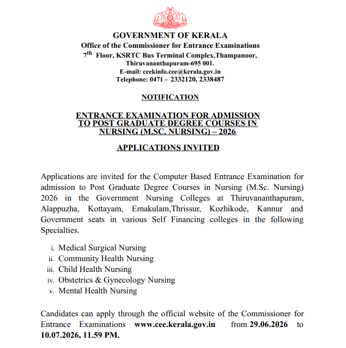 Kerala MSc Nursing 2026