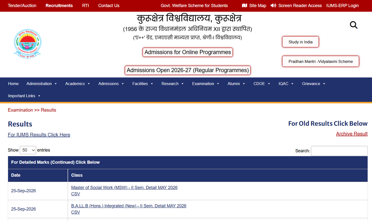 Kurukshetra university  result portal 