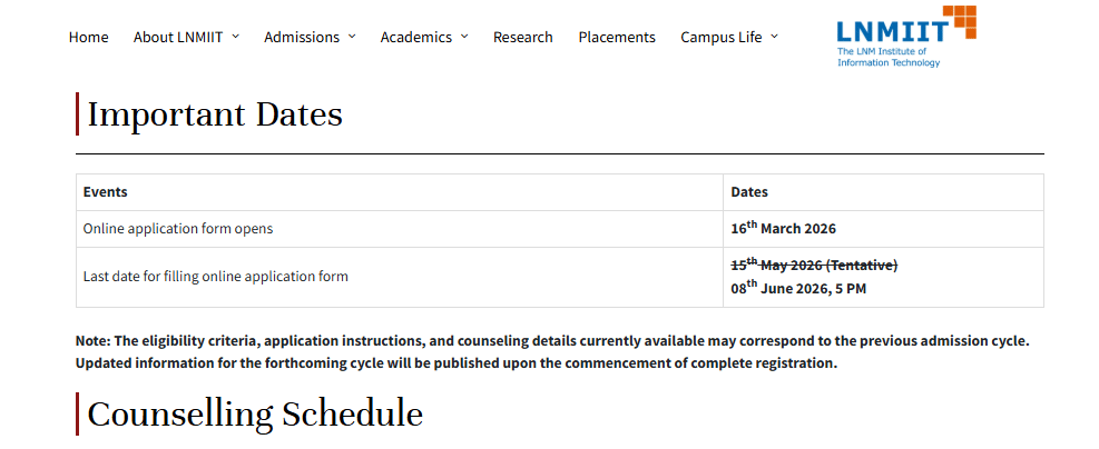 LNMIIT UG Admission 2026 Deadline Extended