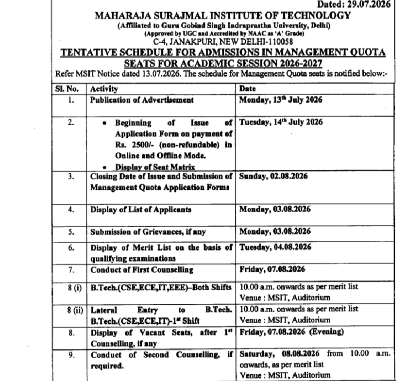 MSIT Management Quota Admission Schedule 2026-27