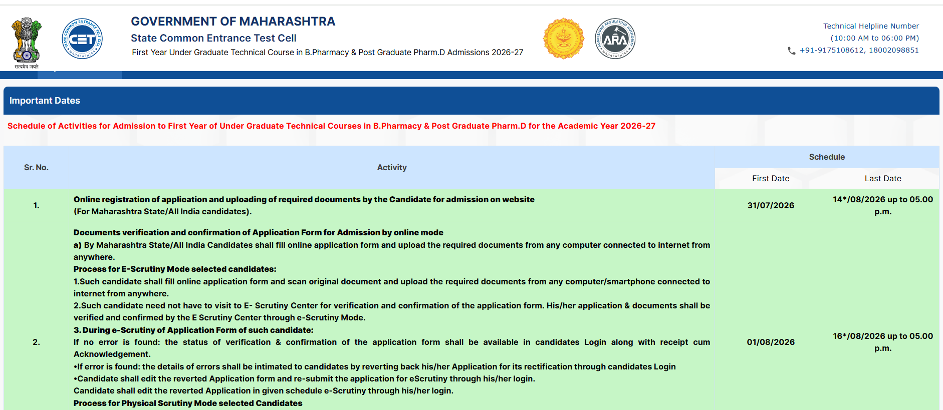MAH BPharm CET CAP 2026 Revised Key Dates