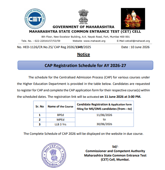 MAH Law CET CAP 2026 Registration Open for 3 Year LLB Last Date June 30