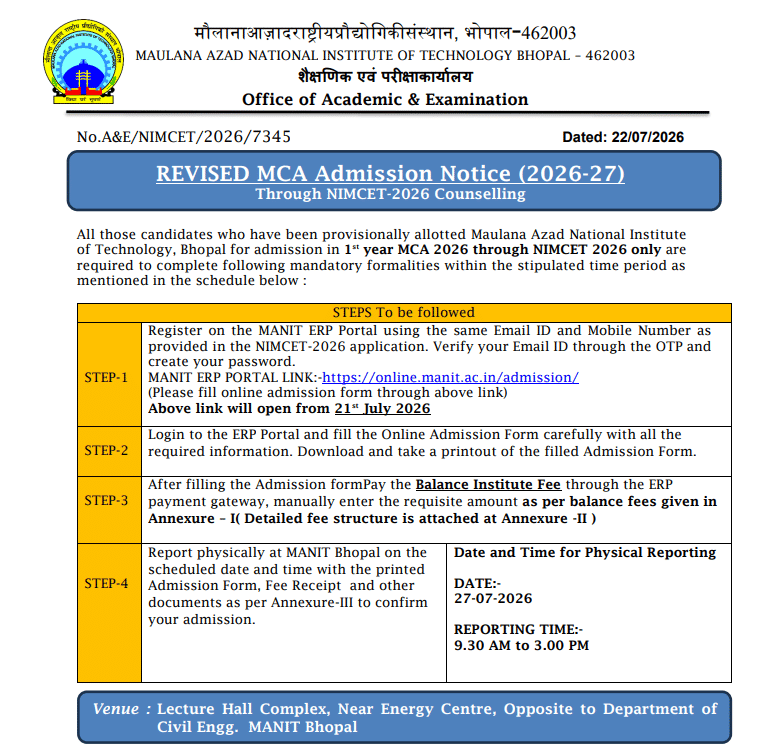 MANIT Bhopal MCA 2026-27