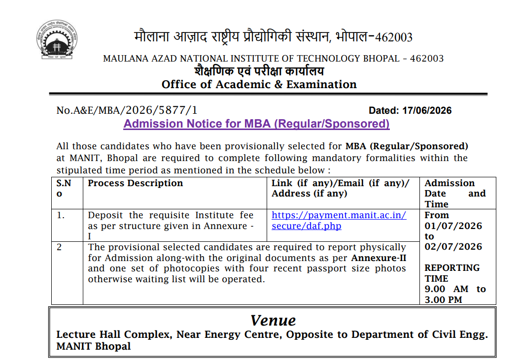 MANIT Bhopal PG Selection List 2026