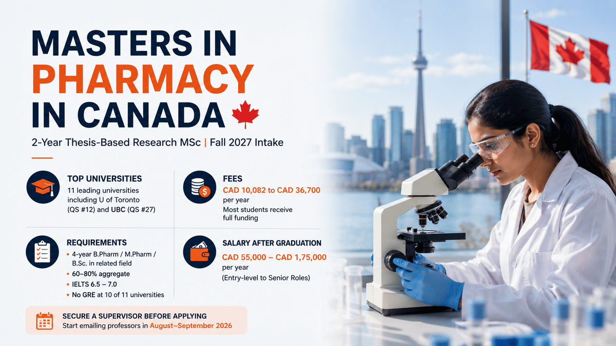 A clean infographic about Masters in Pharmacy in Canada featuring a researcher using a microscope against the Toronto skyline with a Canadian flag. The design highlights key information including a 2-year thesis-based MSc, top universities, tuition fees with funding opportunities, admission requirements, graduate salary range, and the importance of securing a research supervisor before applying, using a modern white, navy, and orange color scheme.