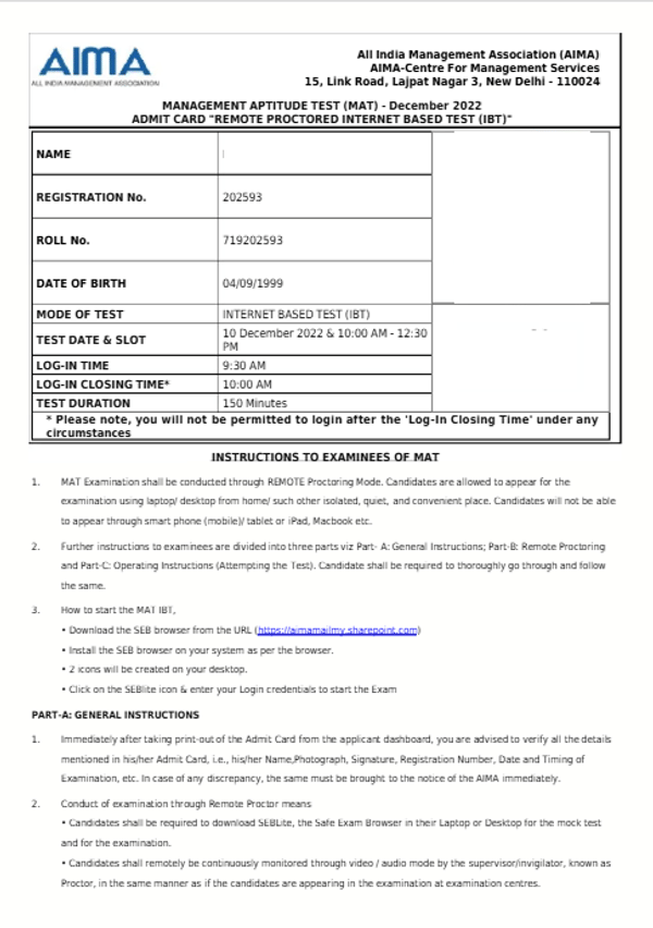 MAT Admit Card sample