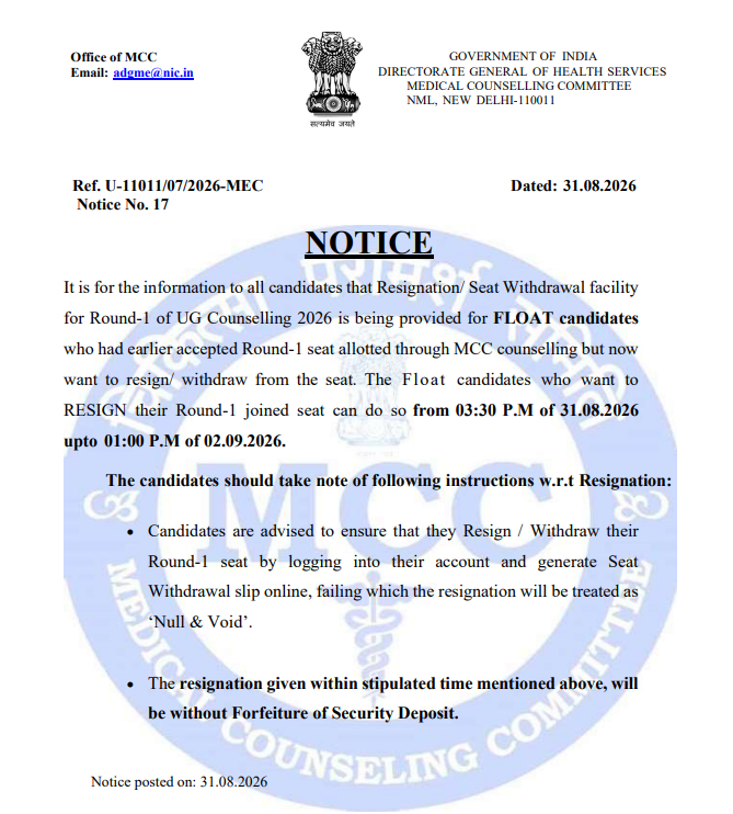 NEET UG 2026 Round 1 Resignation Key Dates