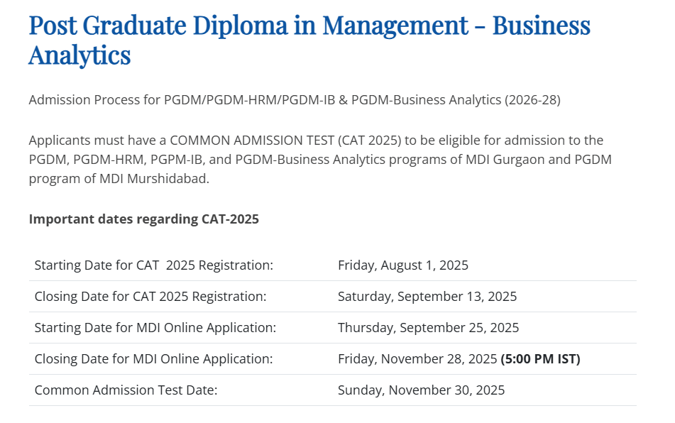 MDI Admission For 2026-28 Batch