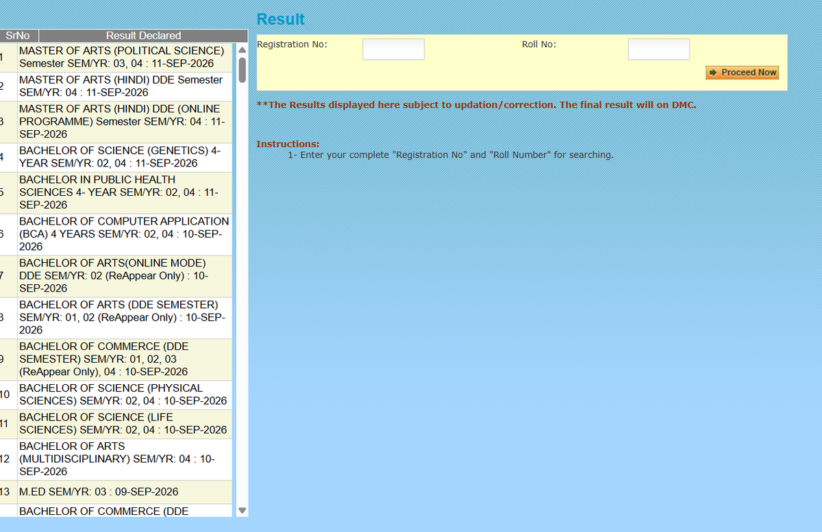 MDU Result portal