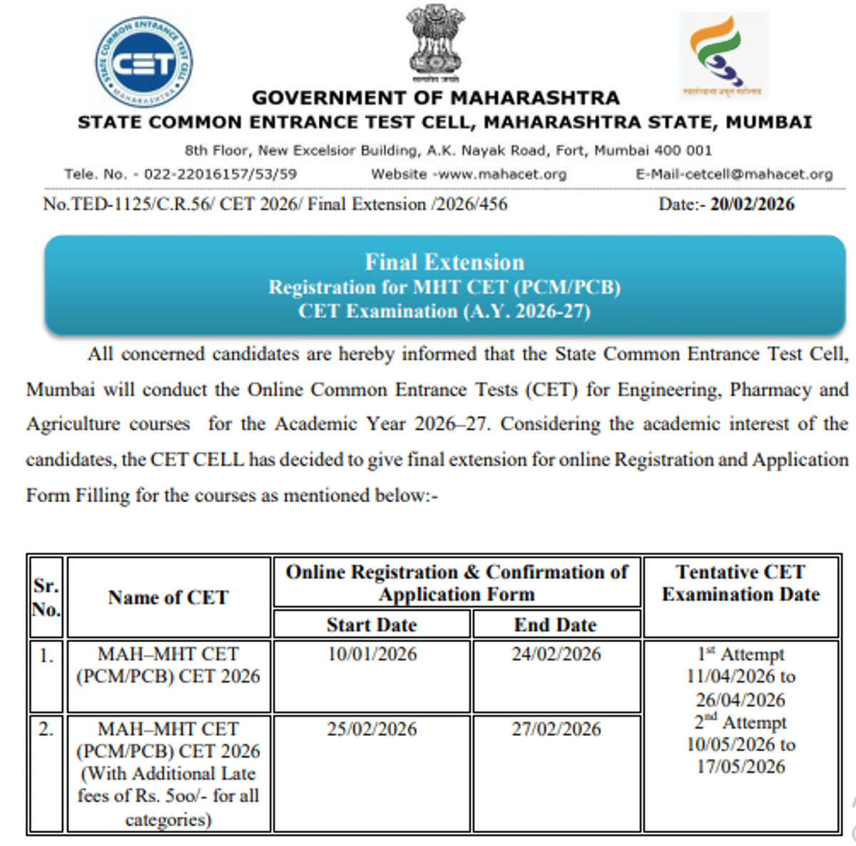 MHT CET registration Extended