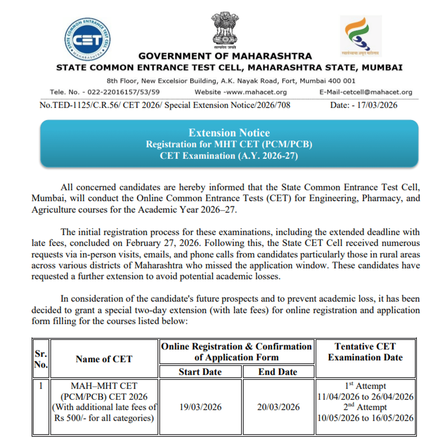 MHT CET Registration 2026