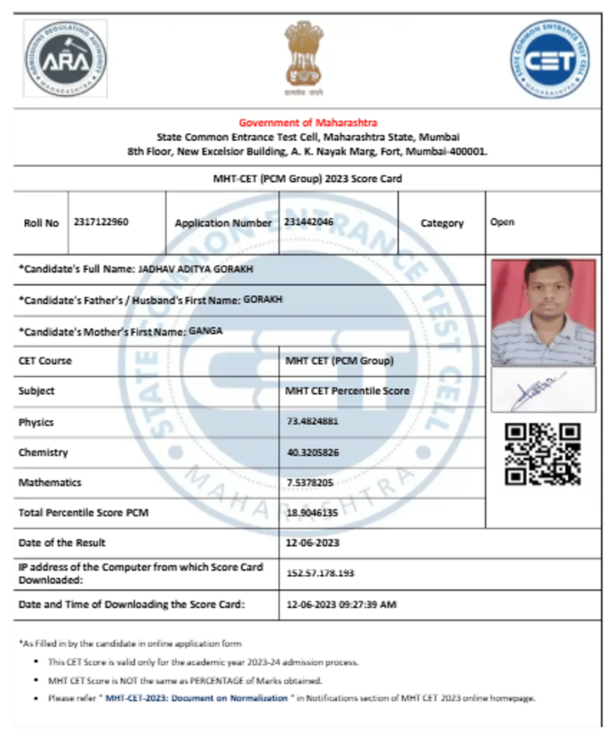 MHT CET Scorecard Sample