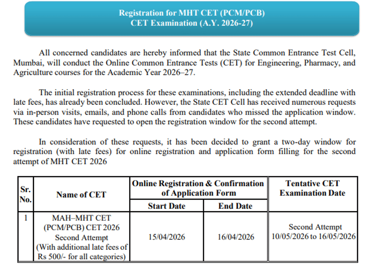 MHT CET Session 2 Registration