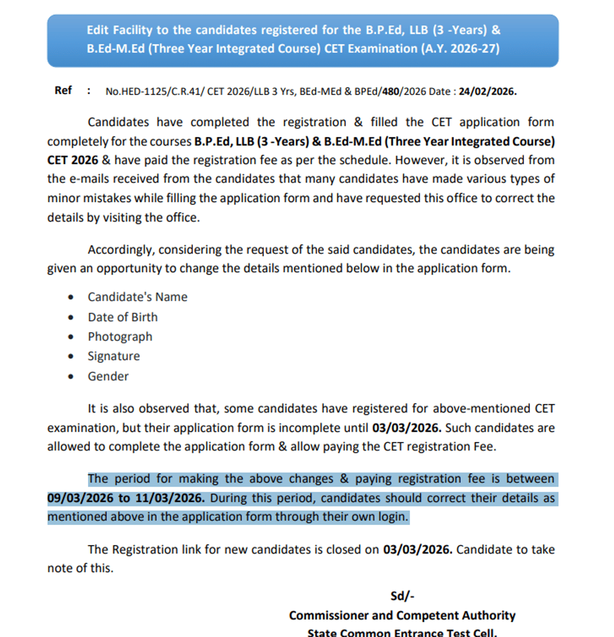 MH CET LAW Form Correction Window