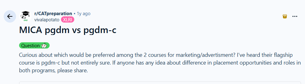 Reddit query on MICA PGDMC Vs PGDM