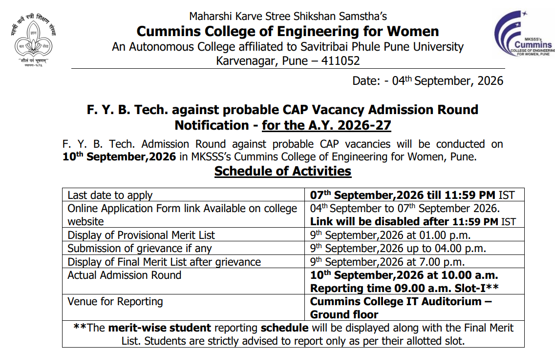 Cummins College Pune Institute Quota Admission Schedule 2026-27