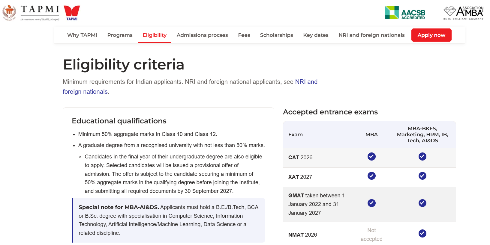 TAPMI Eligibility Criteria