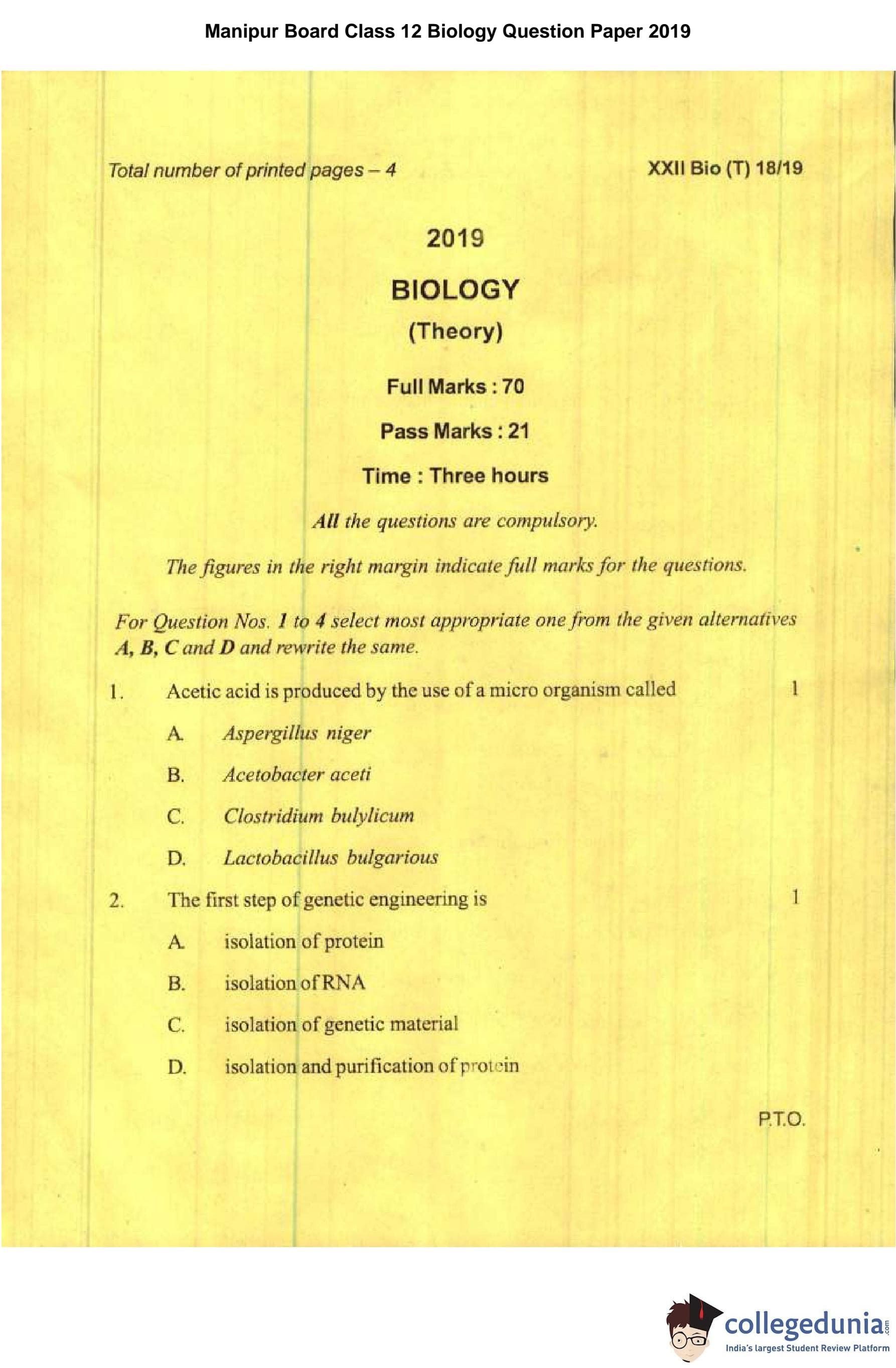 Manipur Board Class 12 Biology Question Paper 2019 with Answer Key ...