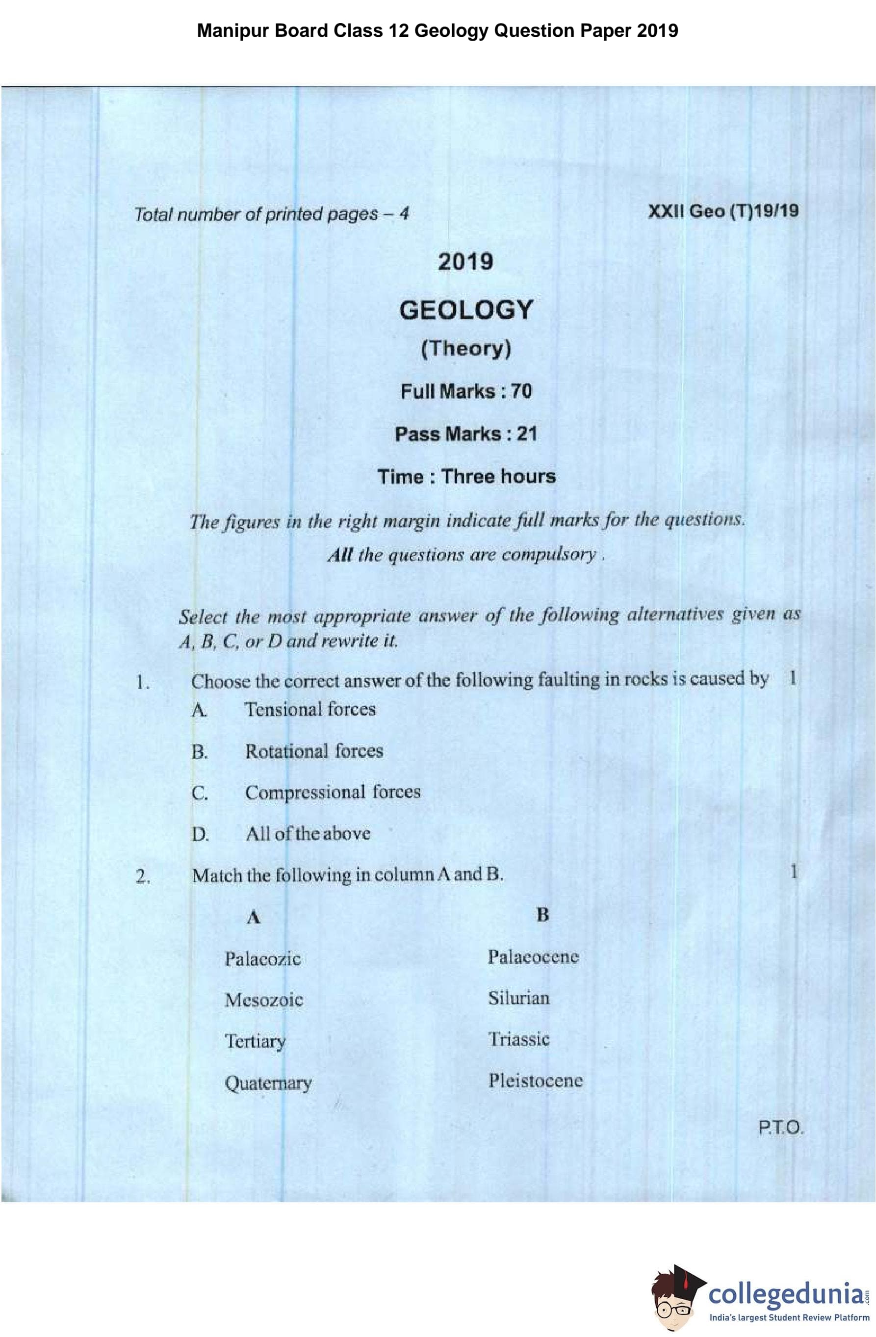 Manipur Board Class 12 Geology Question Paper 2019 with Answer Key ...
