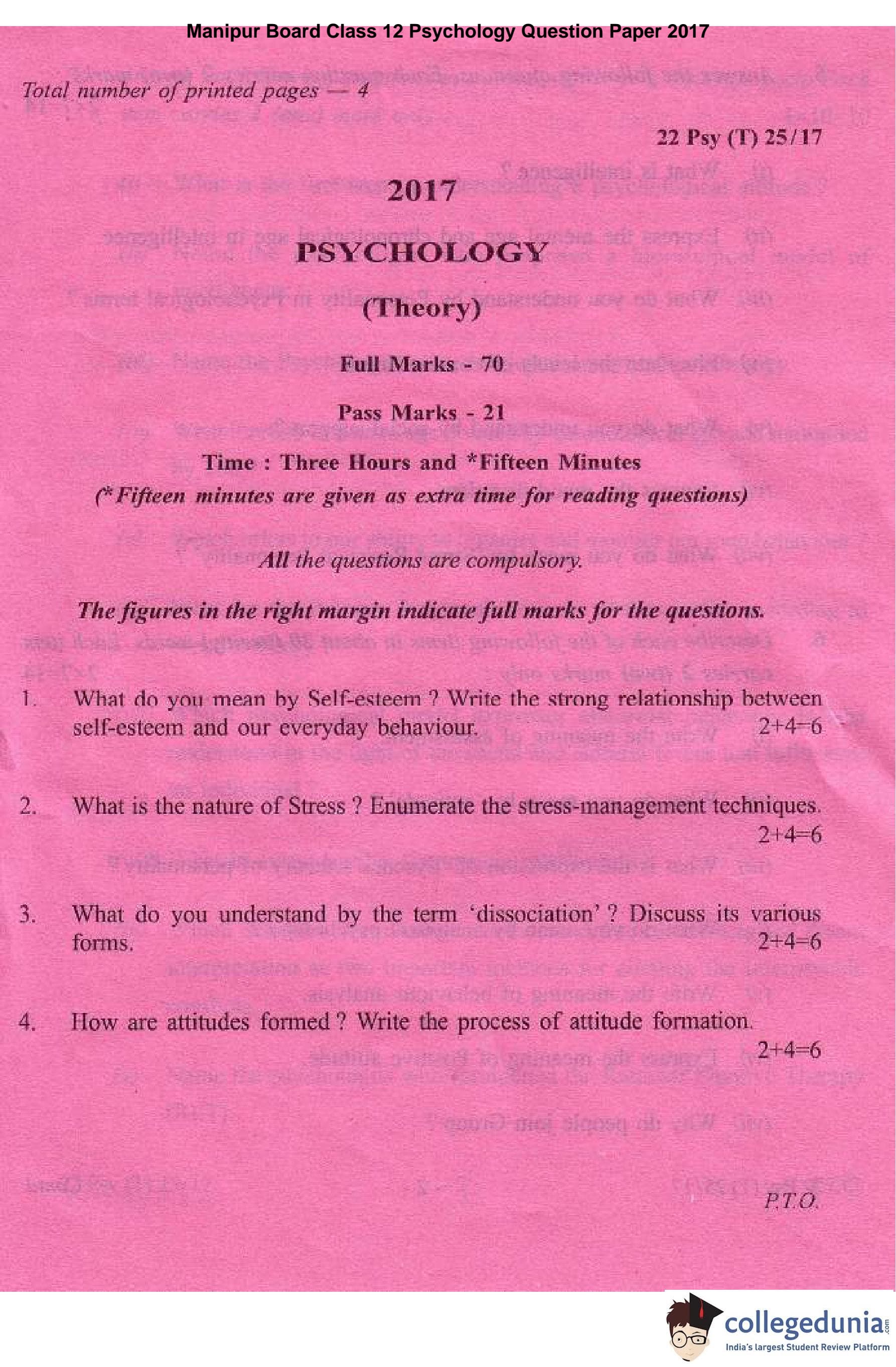 Manipur Board Class 12 Psychology Question Paper 2017 with Answer Key ...