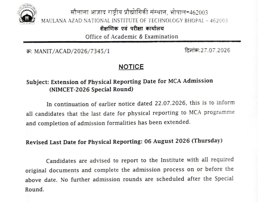 MANIT Bhopal MCA 2026&ndash;27 Revised Reporting Date