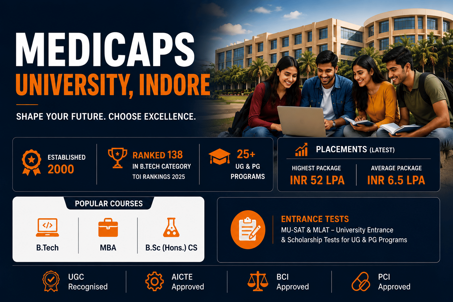 Medicaps University Indore overview showing rankings, placements, popular courses, and entrance test information.