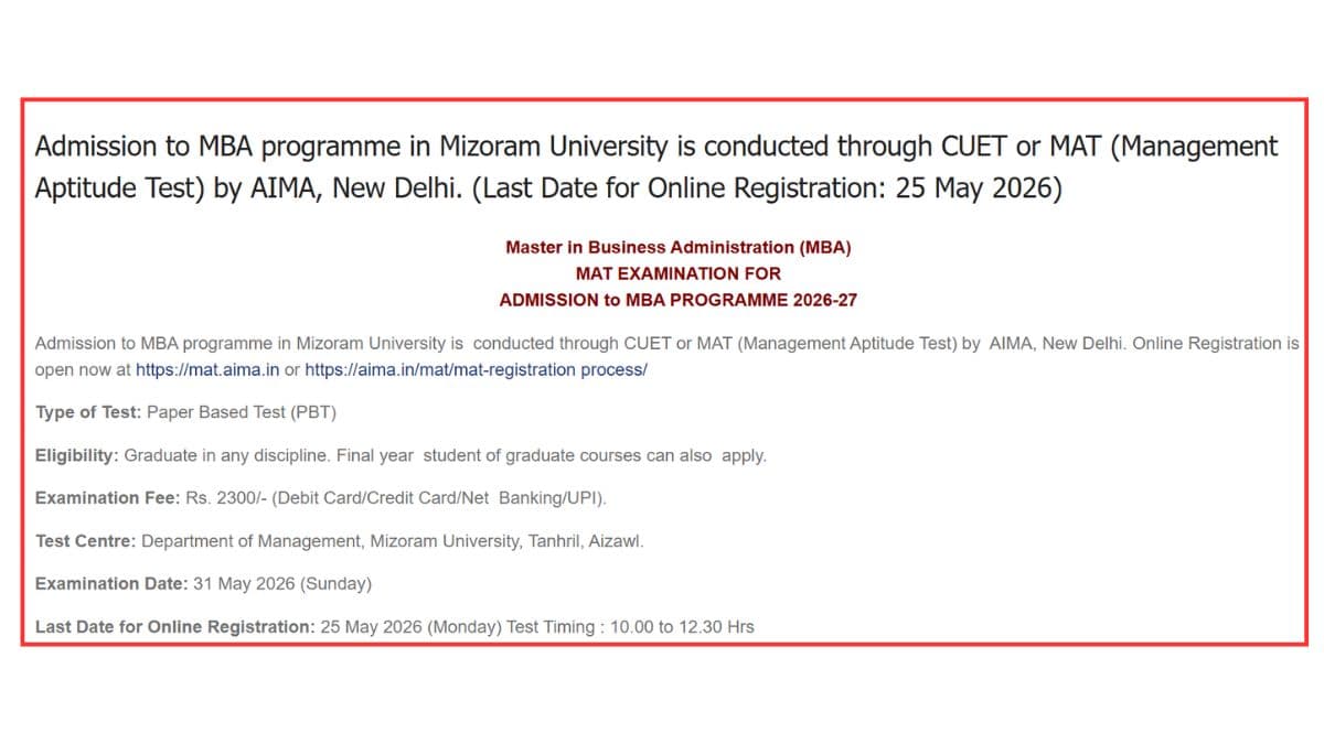 Mizoram University MBA Admissions 2026 Open
