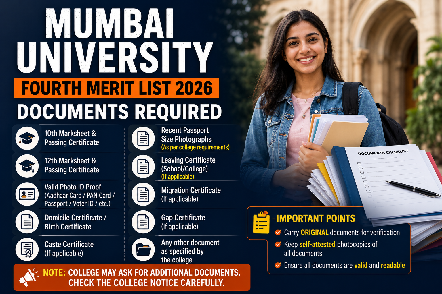 Mumbai University Fourth Merit List 2026 Documents Required