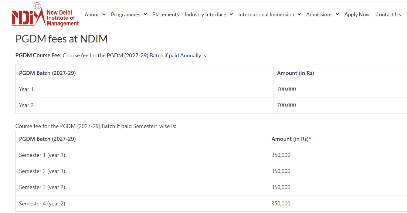 NDIM Delhi PGDM 2027-29 Fee Breakdown