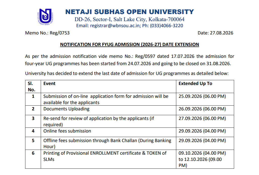 NSOU 2026-27 Revised Admission Schedule