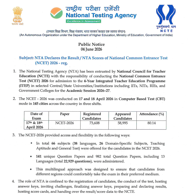 NCET 2026 Result Declared by NTA for ITEP Admissions 2026