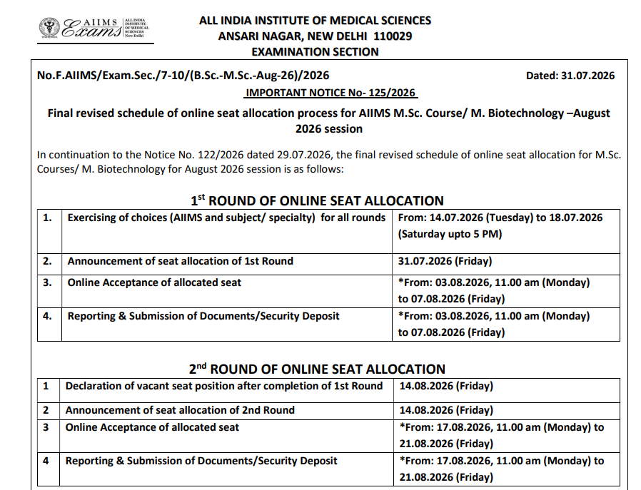 AIIMS MSc 2026 Round 2 Important Dates