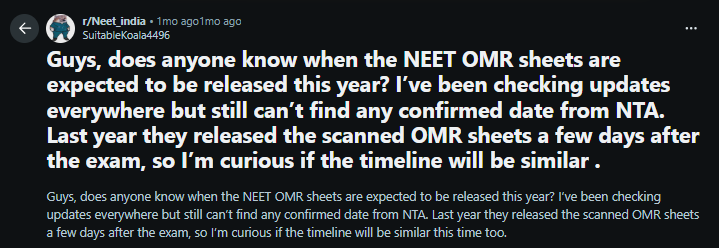 NEET OMR Sheet 2026 Expected date post