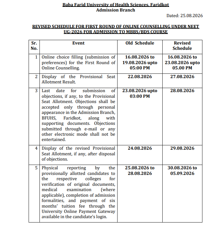 Revised Round 1 Counselling Schedule