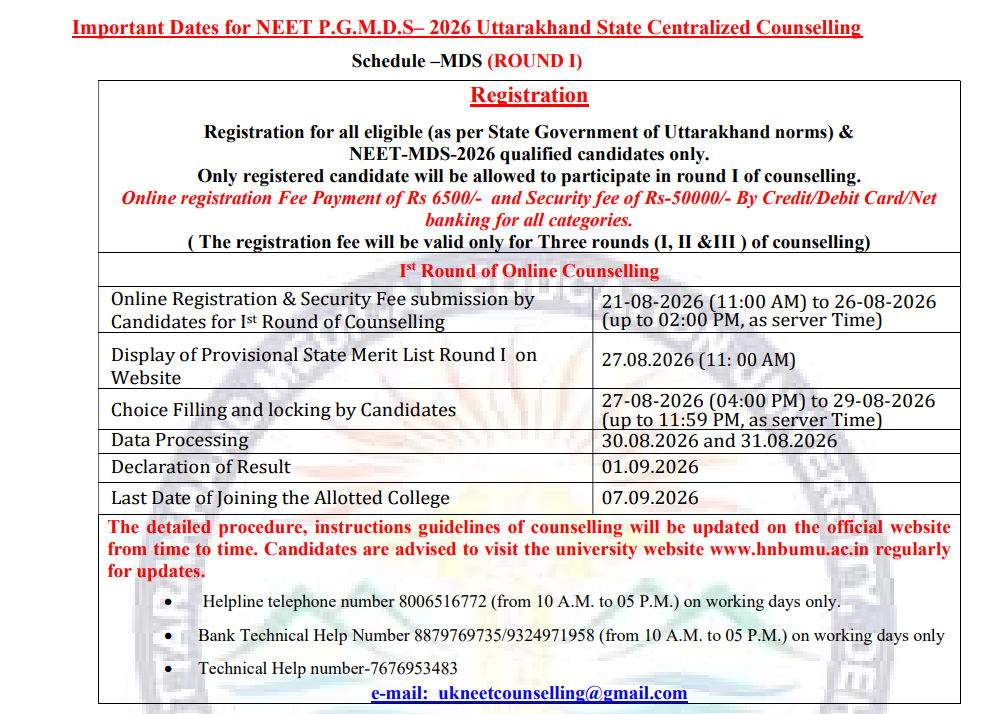 NEET MDS 2026 Round 1 Online Counselling Schedule