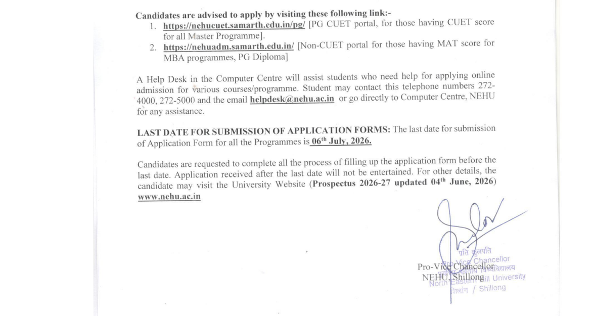 NEHU Admission Window Open Apply by July 6 2026