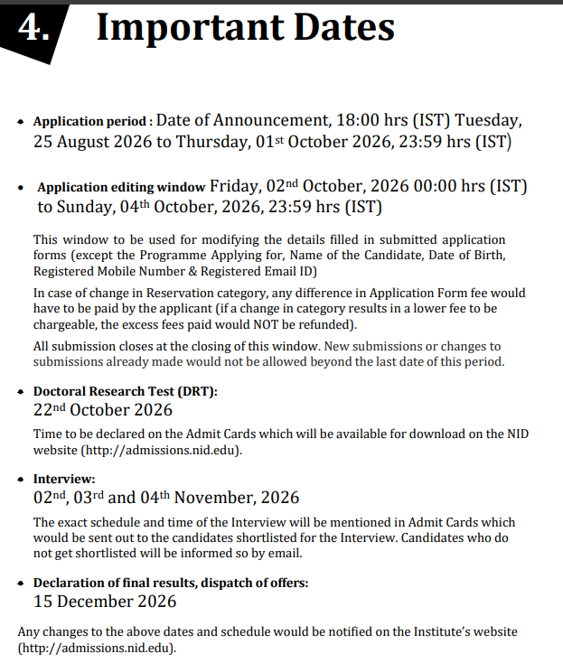 NID PhD Admission 2027 Important Dates