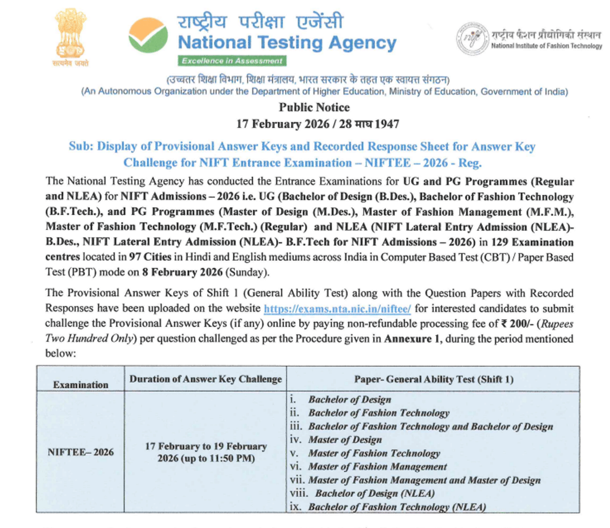 NIFTEE Answer key released