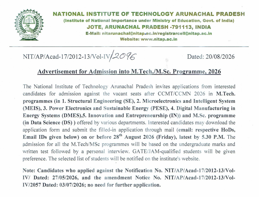 NIT AP MTech and MSc Admission 2026 Key Details