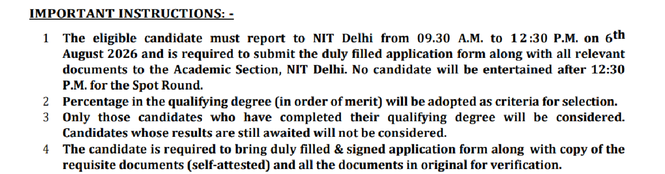 NIT Delhi M.Tech SFS Spot Admission 2026-27